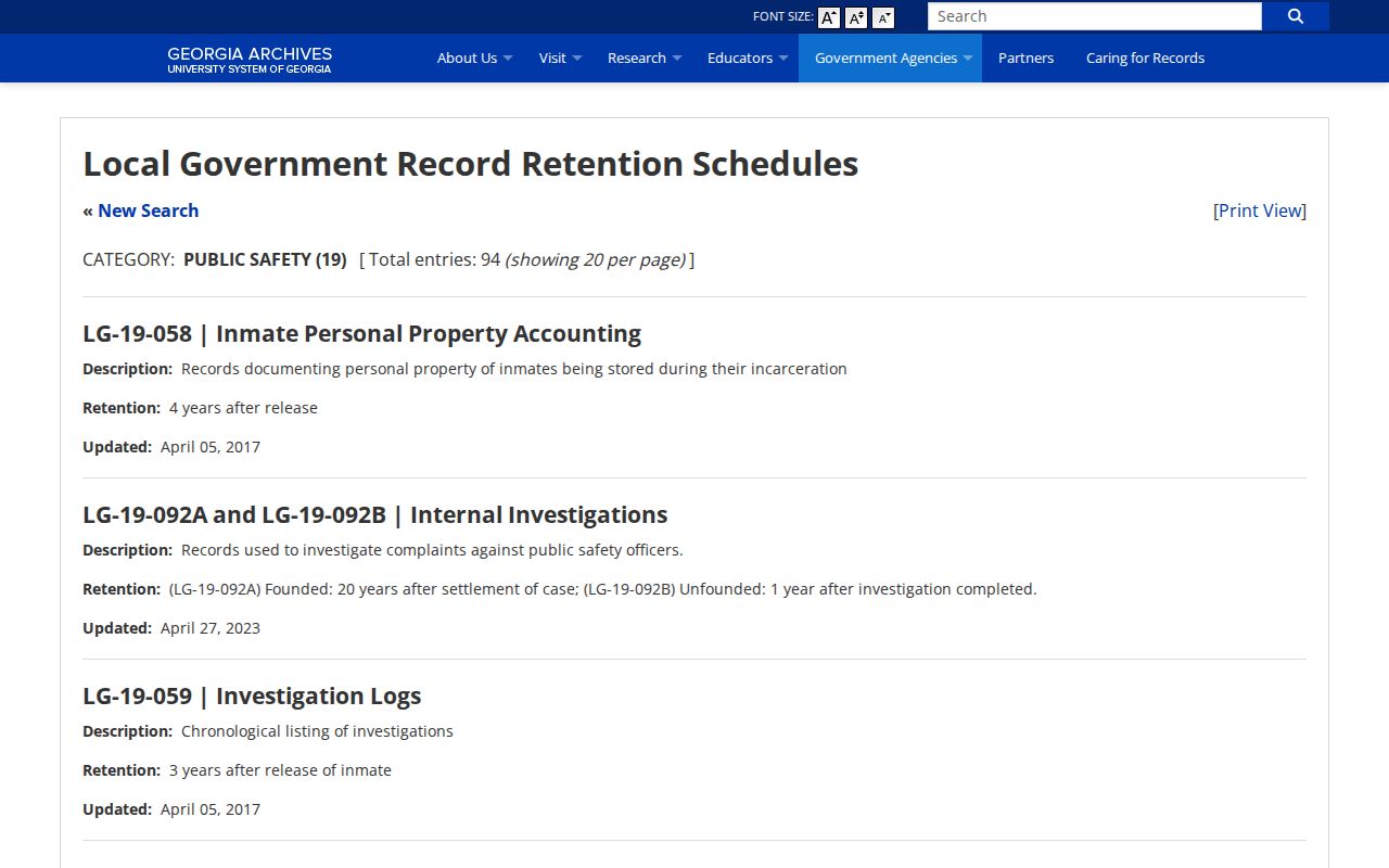 Georgia Archives retention schedule for Dooly County jail booking records
